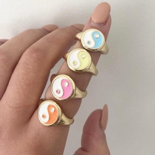 Trendy Y2K INS Yin Yang Rings For Women Vintage Gold Color Enamel Love Heart Flowers Chunky Finger Rings Couple Jewelry Gift