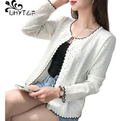 UHYTGF Short Knitted Sun Protection Clothing Cardigan Women Tops Jacket 2021 Hollow Ice Silk Shawl Thin Summer Coat Female 2175