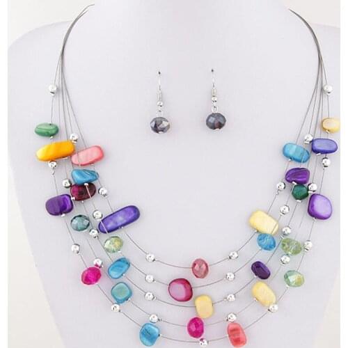 Multi layer Necklace Earring suit-Bohemian ethos Multi share Crystal Turquoise shell alloy necklace for Europe and America
