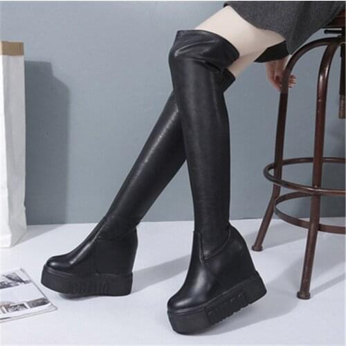 2020 Fashion Woman Leather Over The Knee Boots Height Increasing Round Toe Women Shoes Autumn Winter Wedges Casual Long Boots