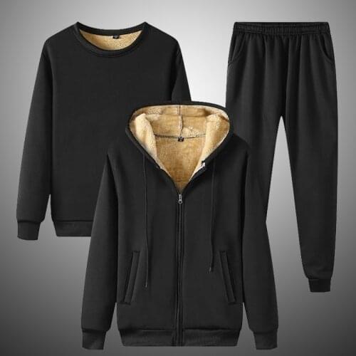 2021 Winter Mens Black Fleece 3 Pieces Set Thicken Warm Hoodies Pullover + Pants + Outwear Sets Loose Casual Fashion Male Suits