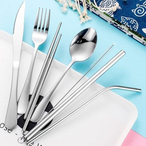 7pcs Dinnerware Portable Printed Stainless Steel Spoon Fork Steak Knife Set Travel Cutlery Tableware with Bag Dinnerware Sets