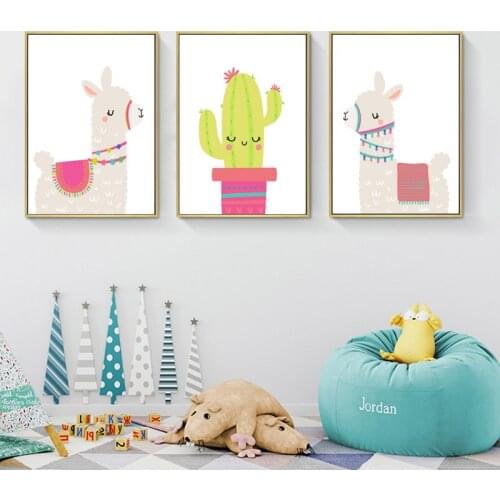 Llama Alpaca Print Nursery Wall Art Canvas Painting Cactus Nordic Posters and Prints Cartoon Wall Pictures for Kids Room Decor