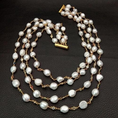 YYGEM Natural Office style 18" 4 Strands Freshwater White Baroque Pearl Multi Color Cz Chain Necklace