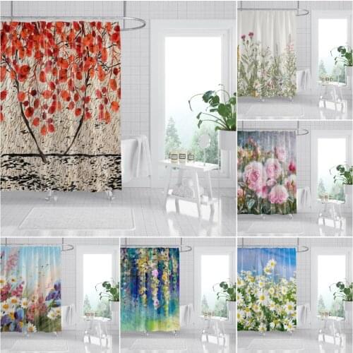 Aquarelle Shower Curtain Floral Printed Fabric Bath Curtains Waterproof Polyester Screen Bathroom Accessories Decor With Hook