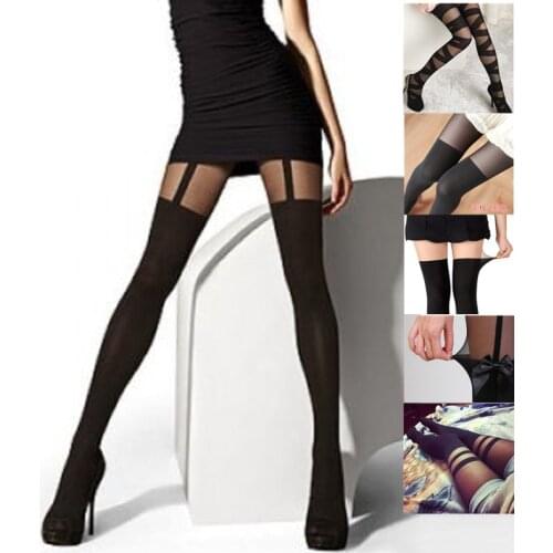 Wholesale Super Vintage Tights Bow Pantyhose Tattoo Mock Bow Suspender Sheer Stockings Sexy Black Fishnet Pantyhose
