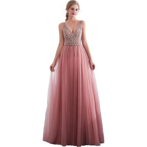 In Stock Tulle Deep V-neck Beading Long Evening Gown Floor Length Tank Prom Party Dresses Vestido de noche Robe de soiree 30651