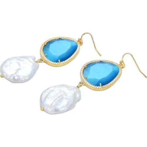 JK Natural Pearl Cultured White Coin Pearl Blue Cats eye Cz Paved Hook Dangle Earrings Lady Girl Gift Jewelry