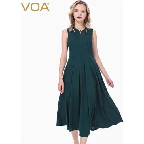 VOA Silk 22m/m Green Color Jacquard round Neck Beaded Buckle Tucker Pleats Panel Cutout Sleeveless Expandable Dress AE183