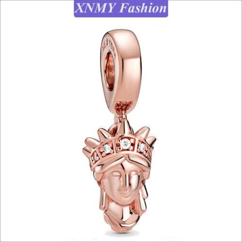 XNMY New Rose Gold Color New York Statue of Liberty Dangle Charm Beads Fit Original Pandora Bracelet DIY Jewelry