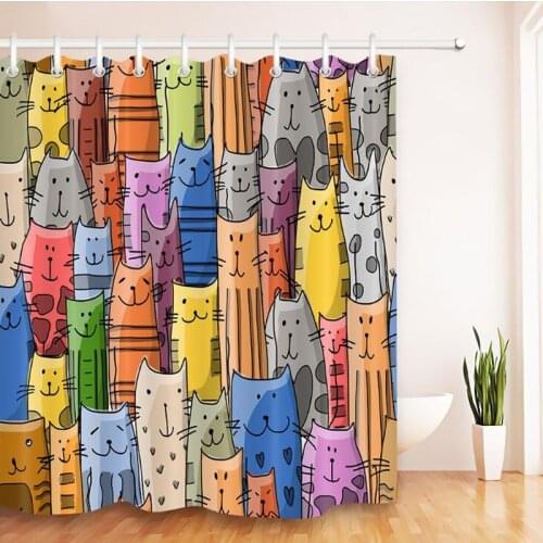 Colorful Cat Shower Curtains Cute Cartoon Animal Pattern Print Bathroom Decor Blackout Waterproof Polyester Hanging Curtain