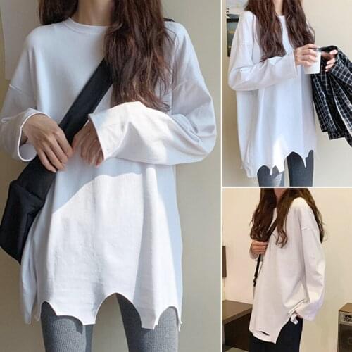 WomenS Korean Autumn Clothes Irregular Hem White Student Long-Sleeved Shirt T-Shirt White