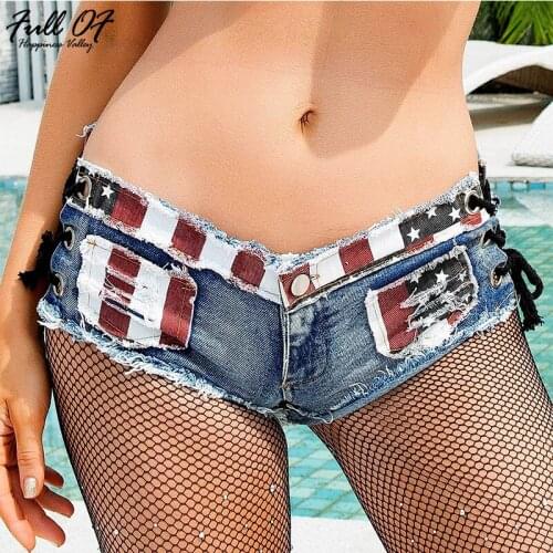 Fashion short jeans woman befree Sexy US flag print Vintage Low waist Lace Up Women jeans Hole Night club ladies shorts Hot New