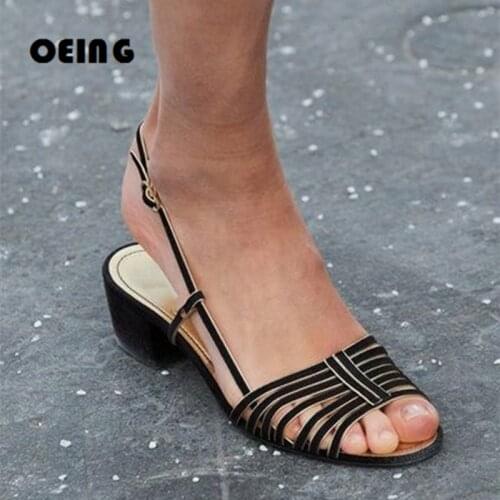 2021 Fashion Women Runway Sandals Chunky Heels Summer Gladiator Sandals Women Narrow Band Buckle Strap Pumps Zapatos De Mujer