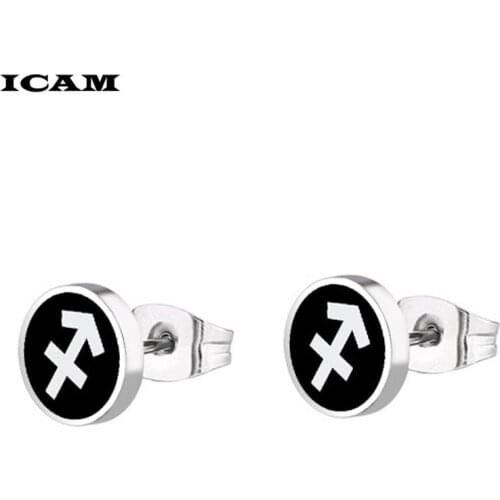 ICAM Black Enamel Zodiac Stud Earrings for Women Girls Stainless steel jewelry Earring Wedding Gifts