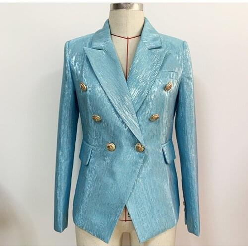 HIGH STREET Newest 2021 Designer Jacket Womens Double Breasted Lion Buttons Slim Fitting Glitter Blazer
