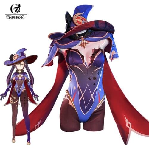 ROLECOS Game Genshin Impact Mona Cosplay Costume Mona Cosplay Costume Sexy Women Jumpsuit Halloween Bodysuit Hat Shawl Full Set