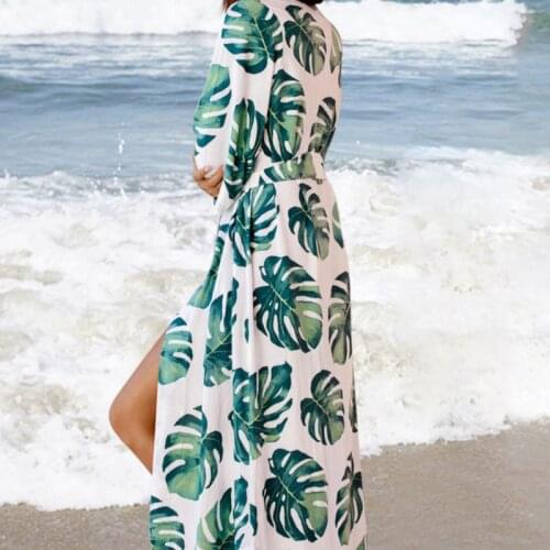 Women Vacation Swimsuit Cover Up Green Tropical Leaves Open Front Kimono Cardigan Belted Irregular Curved Hem Beach Bath