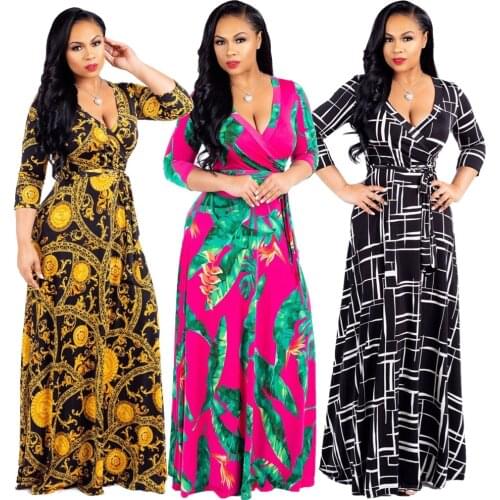 Women Sexy V-neck Exquisitely Printed Plus Size Dress Bohemian V-neck Clothing For Female Dropshipping Wholesale