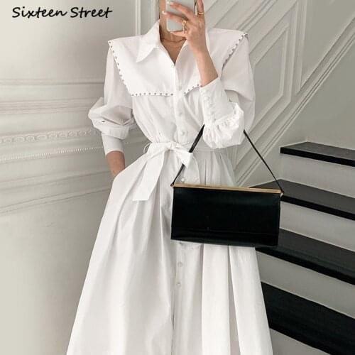 2021 White Elegant Shirts Dress Woman with Belt Rivet Maxi Vestido Women Clothing Vintage Single-breasted OL Work Dresses Female