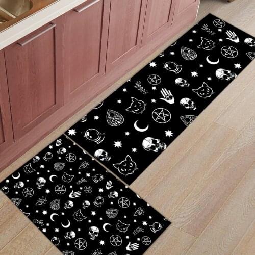 2Pcs/Set Black Witch Skull Moon Divination Long Kitchen Mat Carpet Floor Mat Home Entrance Doormat Living Room Floor Mats Rug