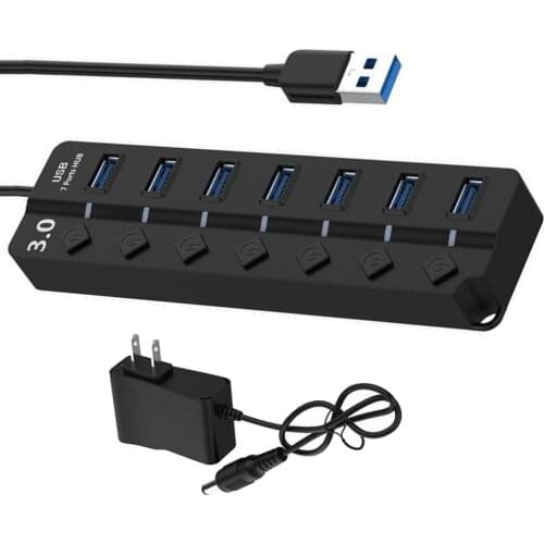 7-Port USB 3.0 Hub 5Gbps High Speed On/Off Switches AC Power Adapter
