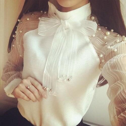 Hot Sale Summer Women Top Fashion Mesh Beading Sleeve Shirt Elegant Chiffon Blouse Sexy Transparent Female Shirts For Women