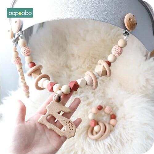Bopoobo Baby Silicone Teethers Wooden Rings Bracelet Pacifier Chain Holders Teething Toy Pram Cart Chain Wooden Teether Baby Toy