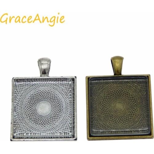 GraceAngie 2sets Square Metal Base Antique Bronze Silver Color Mixed Clear Glass Cabochon Cameo DIY Retro Jewelry Finding
