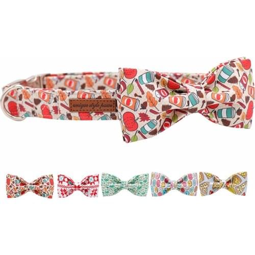 Coffee Pumpkin Cotton Fabric Dog Collar and Leash Set with Bow Tie for Big and Small Dog Metal Buckle Pet Accessories