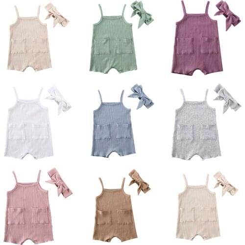 Baby Boys Girls Rompers Sleeveless Ribbed Knitted Rompers Jumpsuits with Pocket One-Pieces Headband Toddler Infant Outfits