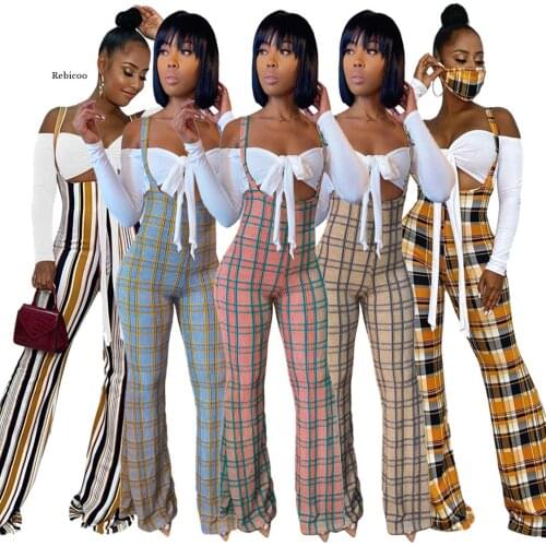 Fall Plaid Overalls 2 Piece Set for Women Fall Clothes Off Shoulder Tops Sexy Sling Bodycon Jumpsuit Night Club Matching