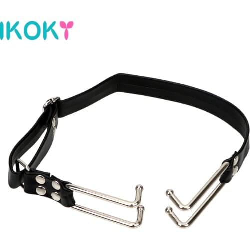 IKOKY Mouth Gag Oral Leather Open Hook Plug Adult Games Flirt Fetish Bondage Sex Toys for Women Stainless Steel