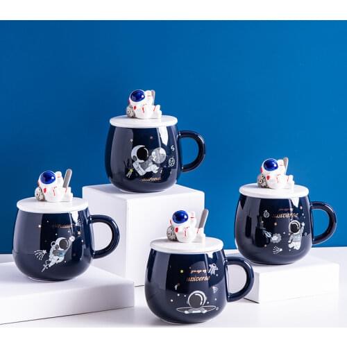 Creative Cartoon Ceramic Cup with Lid and Spoon Cute Astronaut Water Cup Office Coffee Cup Practical Gift Mug