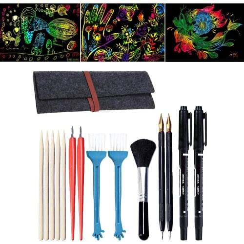 15PCS DIY Magic Scratch Art Crafts Tools Set with Bamboo Sticks Scraper Repair Scratch Pen Brush Storage Bag for Children Gift