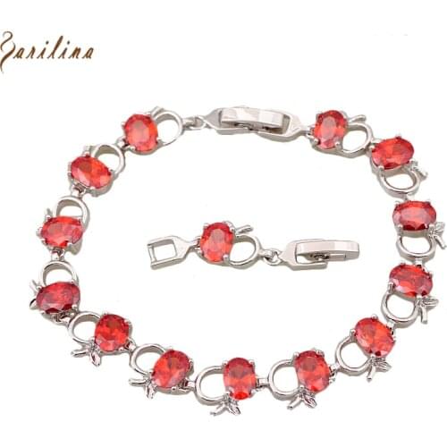 Adorable Silver Color Apple Red Crystal Stone Garnet Charm Bracelets & Bangles Womens Fashion Jewelry 20.5cm 8.07 Inch B410