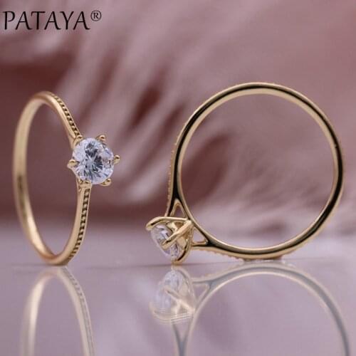PATAYA New 585 Rose Gold Geometric Party Fashion Jewelry White Round Vintage Natural Zircon Wedding Women Ring Simple Metal Ring