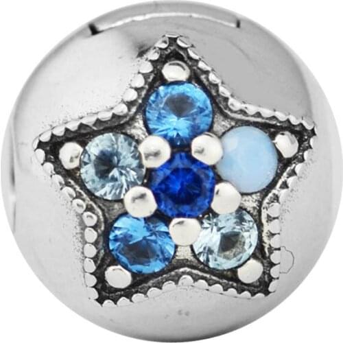 Fits For Pandora Bracelets Bright Star Clip Charms with Clear CZ 100% 925 Sterling-Silver-Jewelry Beads Free Shipping