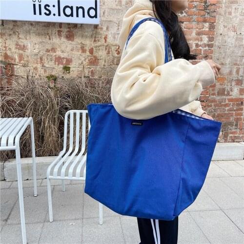 Vintage Plaid Canvas Bag for Women Female Ladies Casual Big Double Sided Shoulder Bag Student Large Capacity Tote Travel Handbag
