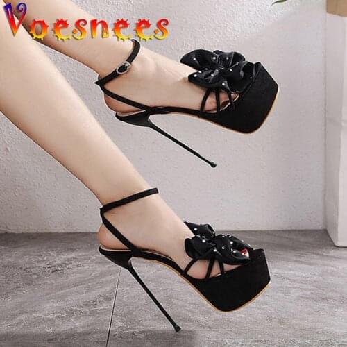 Voesnees Big Bow Rhinestone Sandals Women Super Thin Heel 17cm High Heels 2021 Summer Black Platform Ladies Catwalk Shoes 34-40