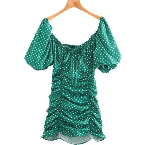 Vintage Lantern Sleeve Side Zipper Female Dresses Women Chic Fashion Polka Dot Pleated Mini Dress