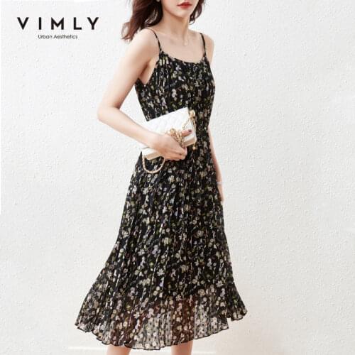VIMLY Summer Beach Dress For Women Fashion New Floral Dress High Waist Sleeveless Sling Dresses Female Pleated Dress F6878