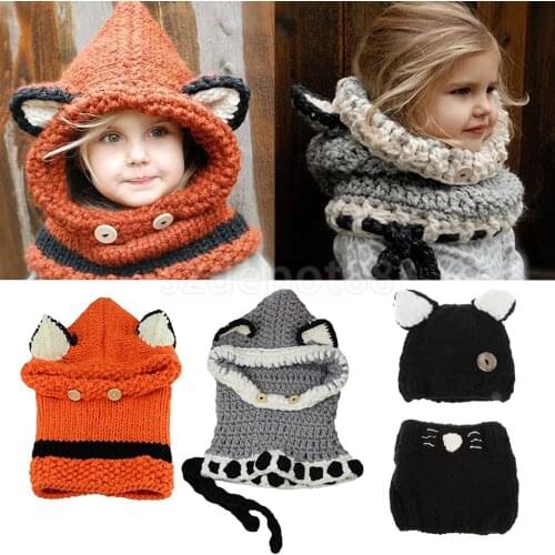 Winter Kids Hat Crochet Knitted Caps Coif Hood Scarf Earflap Beanies Black