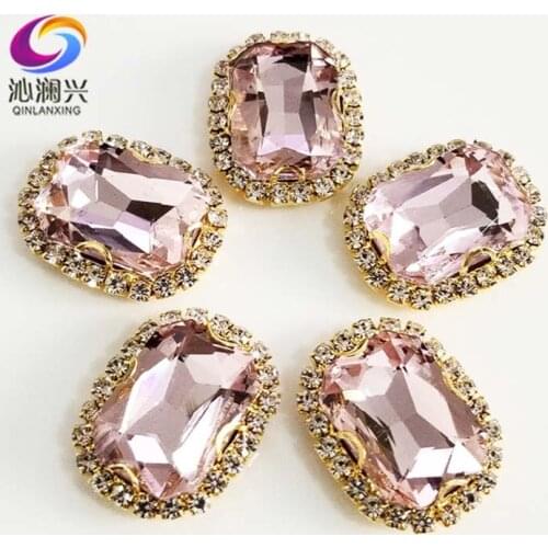 Gold bottom Pink Rectangle shape top quality glass crystal buckle,sew on rhinestones for diy jewelry accessories SWCBG10
