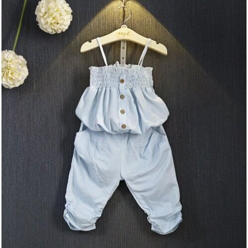 New 2019 Summer Baby Girl Clothes Clothing Denim Blue Cotton Washed Jeans Sleeveless Upper Outer +Pants Sets 2pcs