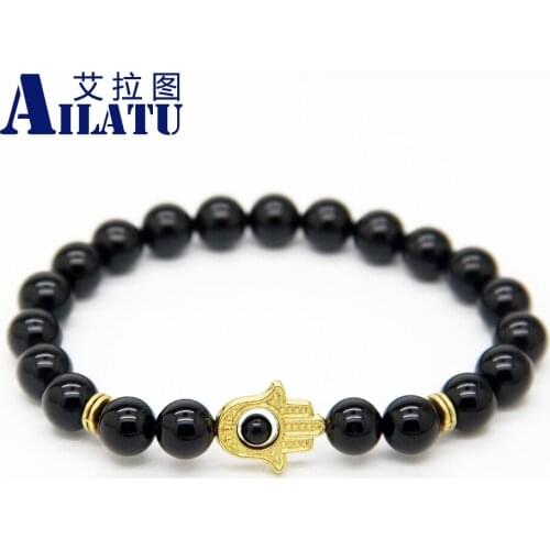 Ailatu Free Shipping Jewelry 10pcs/lot 8mm Natural Black Stone Hamsa Fatima Hand Protection Bracelets