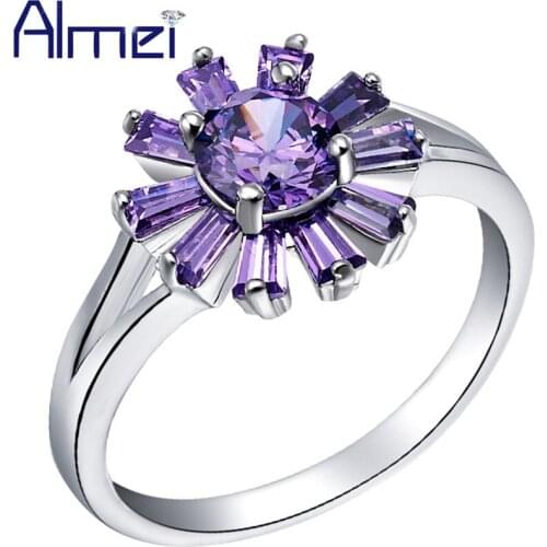 Almei Dropshipping USA Fashion Ladies' Bijouterie Rhinestone Purple Flower Rings For Women Ring Vintage Fianit Jewelry J377