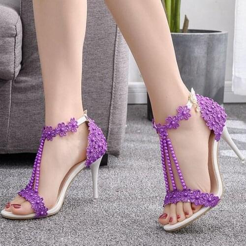 9cm high heel sandals bridesmaid wedding buckle lace beaded stiletto fish mouth Roman sandals 2021