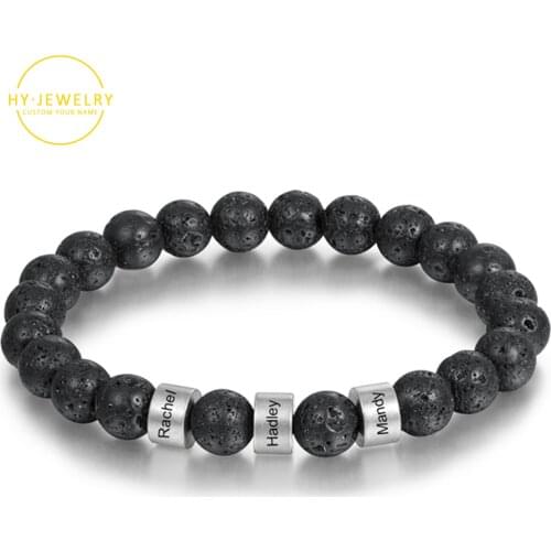 Personalized Stainless Steel Beaded Bangle Name Engravd Bracelets For Men Customized Lava Tiger Eye Stone Bracelets Gift For Him