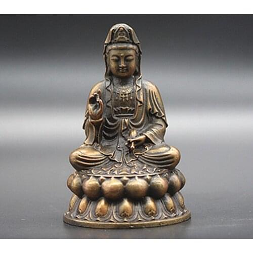 Antyczny brąz Guanyin bodhisattwa posąg buddy ozdoby mała miedziana Buddhas miniatury figurki domowe rękodzieło wystrój